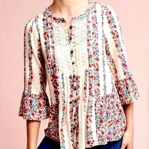 Maeve Anthropologie Floral Peasant Blouse Boho Ivory Bell Sleeve Top, Size 10